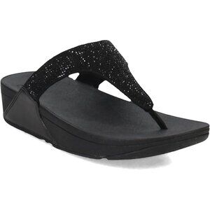 FitFlop™ Women's Lulu Crystal Embellished Toe-Post Sandals Wedge - All Black NIB